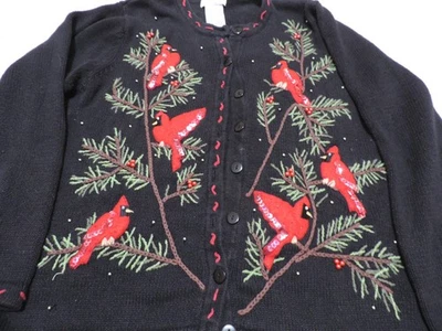Cárdigan Suéter Vintage Navidad Cardenal Pájaros Rojos Bordado Talla XL 16/18 Foto 1 de 3