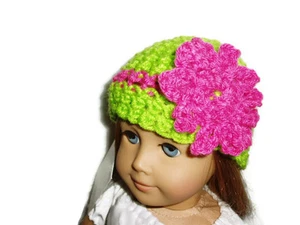 Gorro de ganchillo verde con flor rosa 18" ropa de muñeca se adapta a American Girl - Imagen 1 de 1