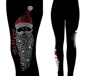 Regular or Plus One Size Yoga Leggings Rhinestone Believe Santa Face Long Beard - Picture 1 of 4