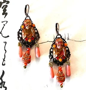 Vintage Hand Painted OOAK Selro Style Double Buddha Earrings, Orange, Coral - Picture 1 of 3