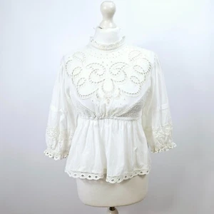 Forever That Girl - Cutwork Yoke Babydoll Blouse - White - XS - UK 6-8 - Picture 1 of 8