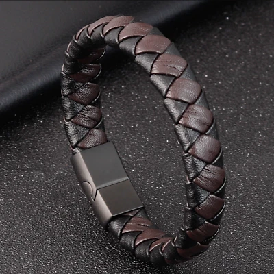 Men Boy Black and Brown Braided Genuine Leather Bracelet Wrist Bangle 7-9" - Image 1 of 4