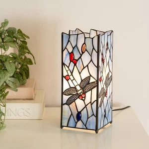 Traditional Table Lamp Stained Glass Handcrafted Vintage Living Room Blue Light - Picture 1 of 9