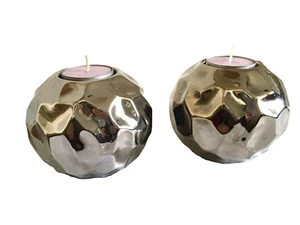 Hammered Ceramic Metal Chrome Effect Globe Tea Light Holder X 2 - Home Decor - Picture 1 of 4