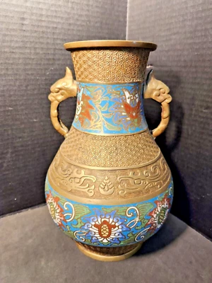 Antique Japanese Brass & Champleve Enamel Vase Dragon Handles 12" - Image 1 of 4