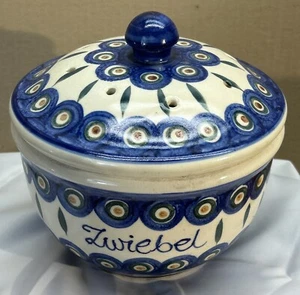 Polnische Keramik Backformen Topf Schüssel blau weiß Pfau Design belüfteter Deckel Deckel - Bild 1 von 12