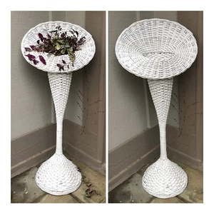 Antique VINTAGE WHITE WICKER Trumpet Flared ACCENT PLANT STAND / Table - Picture 1 of 12