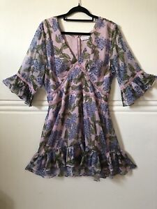 ATMOS HERE Size 14 Hydrangea Floral Print Dress Ruffle Flared Sleeves