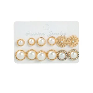 Juego de 6 pares de pendientes de estrás bola de cristal perla tachuelas mujeres damas niñas dorado - Imagen 1 de 2