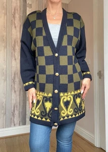 Vintage Mondi Long Cardigan Jacket Chessboard Shacket Wool - Picture 1 of 12