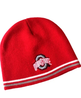 OSU Buckeyes Sombrero Rojo Elástico Tejido 2 Rayas Gorro Ohio State Logo Coliseo Foto 1 de 4
