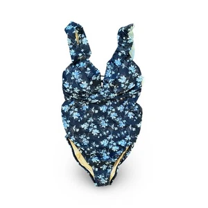 A Pea In The Pod Maternity Navy Blue Floral Ruffle One Piece Swimsuit XS NWT - Picture 1 of 7
