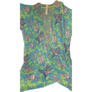 Aqua Beaded Bird Kimono Cover Up Jungle Crane Floral - Picture 1 of 12