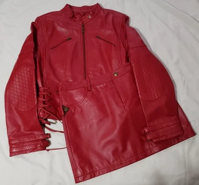 Jaqueta de motociclista Thalia Sodi feminina couro vermelho média mini-saia 11/12 - Imagem 1 de 4