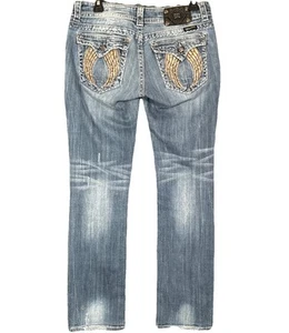 Miss Me Jeans Gr. 30 x 33 blau gerades Bein goldene Flügel verziert dicke Nähte - Bild 1 von 20
