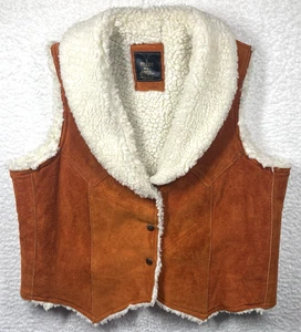 De Colección Años 70 Marrón Gamuza Prendas Exteriores a Presión Chaleco Occidental Poli Nylon Forro Polar XL - Imagen 1 de 7