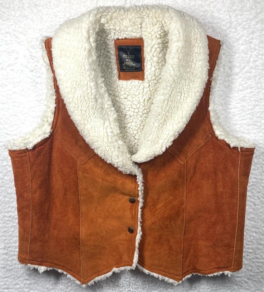 De Colección Años 70 Marrón Gamuza Prendas Exteriores a Presión Chaleco Occidental Poli Nylon Forro Polar XL Foto 1 de 4