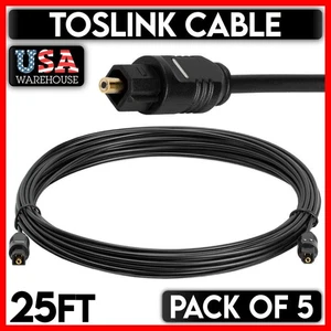 5 Pack TosLink Cable 25 FT Premium Digital Fiber Optical Audio Cord SPDIF Lead - Picture 1 of 5