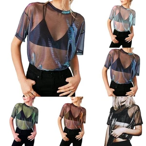 Flattering Sheer Mesh Top with Shiny Details Women's Short Sleeve T Shirt - Picture 1 of 16