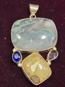 Versilberter Achat Jaspis und Kristall Anhänger 1,5x2,5" Böhmisches Festival Energie - Bild 1 von 5
