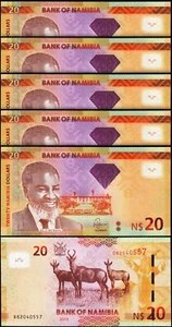 Namibia 20 Dollars 2013, UNC, 5 Pcs LOT, Consecutive, P-12b, With DIAMOND - Picture 1 of 4