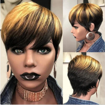 Pelucas de cabello humano brasileño corte pixie con flequillo negro rubio marrón peluca ombre Foto 1 de 4