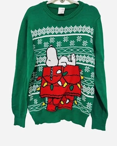 Lindo Suéter Snoopy Perro Casa Cacahuetes Feo Navidad Adulto Mediano Vacaciones Verde - Imagen 1 de 6