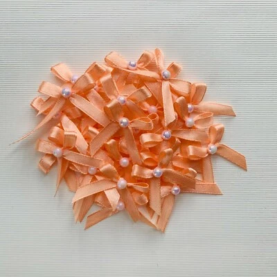 Peach Color Half Pearl Pasted Hand Tied 50 Mini Bows 6mm Stain Ribbon Crafting - Image 1 of 4