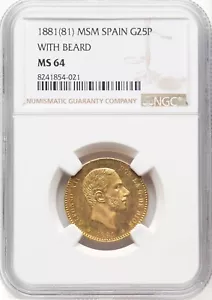 ESPAÑA, ORO 25 PESETAS 1881 (81) MSM CON BARBA - NGC MS 64, RARO11 - Imagen 1 de 2