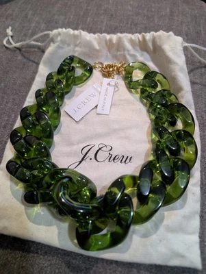 J.Crew Chunky Acetate Link Necklace Retro Green Plated Brass BK900 NWT and Sache Foto 1 de 2