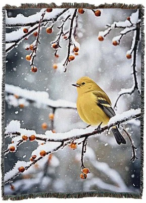 Winter Yellow Finch Blanket Throw Woven from Cotton - Made in The USA (72x54) - Image 1 of 4