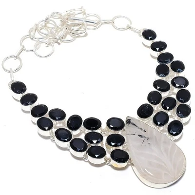 Intagliato Selenite, Onice Gemma Mano 925 Argento Sterling Gioielli Collana - Immagine 1 di 4