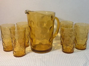 Hazel Atlas Eldorado Amber Thumbprint Pitcher & 6 Glasses Vintage - Picture 1 of 10