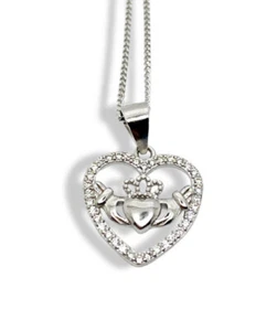 White gold finish Created Diamond Claddagh Heart Necklace Pendant gift Boxed - Picture 1 of 11
