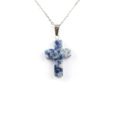 Collana ciondolo croce autentica sodalite naturale GARANZIA argento 925 NUOVA - Immagine 1 di 3