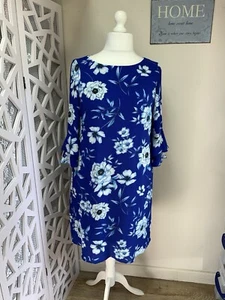 Wallis Ladies Dress Size 16 Blue Floral Lined Pretty 3/4 Sleeves - Picture 1 of 13