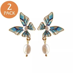 2x Elegant Flower Pearl Zircon Earrings Stud Drop Dangle Jewelry Women Butterfly - Picture 1 of 10
