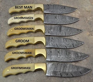 SET OF SIX Personalized Engraved Damascus Hunting Knives with Leather Sheaths - Picture 1 of 8