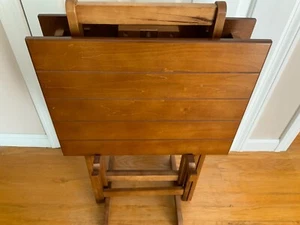 Vintage MCM TV Table Wood Folding Trays Set Of 4 with Stand 19" x 14"x 25" - Picture 1 of 11