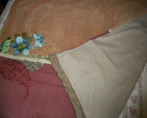 Embroidered THROW by Tracy Porter, Champagne Velvet Linen, Lace Fringes, Flowers - Picture 1 of 12