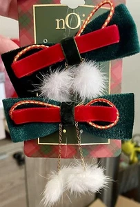 Nordstrom NOir Holiday Red & Green Velvet Hair Bows, Set Of 2 W Gold Chain & Fur - Picture 1 of 1