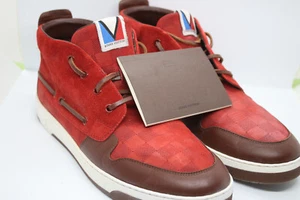 Auth LOUIS VUITTON Damier High Top Red Leather Suede Boat Shoes Sz US 10 EU 43 - Picture 1 of 8