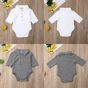 Newborn Baby Boy Solid Color Long Sleeve Button Down Romper Fall Winter Jumpsuit - Picture 1 of 11