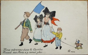 Artist-Signed WWI French Postcard: Children from Alsace & Toy Horse - Picture 1 of 1