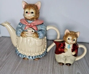 Vintage Otagiri Japan Teekanne handbemalt Porzellan Mutter Katze Teekanne & Milchkännchen - Bild 1 von 12