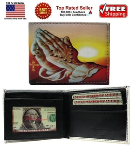 Holy Praying Hands Jesus Cross Leather Bi-Fold Bifold Wallet - Picture 1 of 6