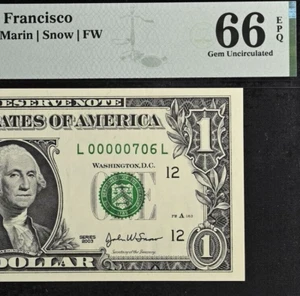 2003 $1 Federal Reserve Note PMG 66EPQ wanted low serial number birthday 706 - Picture 1 of 3