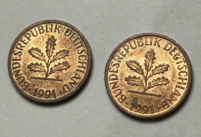 Lote de 2 monedas de 1 penique de Alemania - Marcas de ceca F&G 1991 - Circuladas - KM# 105 Foto 1 de 4