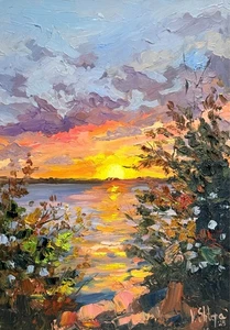 SONNENUNTERGANG FLUSS HERBST LANDSCHAFT ORIGINAL Impressionismus Kunst Ölgemälde signiert - Bild 1 von 7