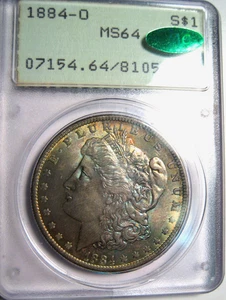 DÓLAR DE PLATA MORGAN TONIFICADO 1884-O ~ PCGS MS64 CAC APROBADO EN SOPORTE DE CASCABEL ANTIGUO* - Imagen 1 de 5